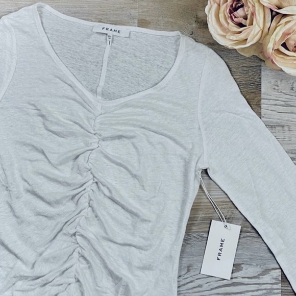 FRAME Ruched Linen V-neck Long Sleeve Shirt - Picture 6 of 9